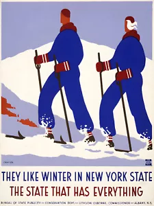 Inverno nello Stato di New York Sci WPA Depressione anni 30 18 x 24" Poster Stampa Arte - Foto 1 di 1