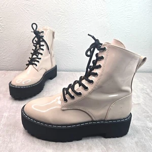 Stivaletti da combattimento H&M platform taglia 8 marroni patentati grunge stivali da escursionismo stringati grossi - Foto 1 di 12