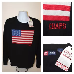 NWT $60 CHAPS AMERICAN FLAG USA Pullover Crewneck Knit Sweater Black : Size M - Picture 1 of 8