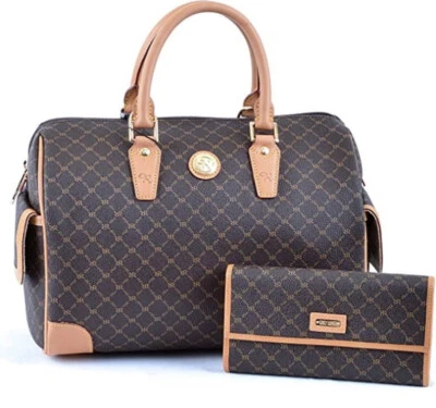 Rioni Signature Brown ST-20015/ST-W011 Canvas Leather Boston Bag Wallet 2 Pc Set - Image 1 of 4