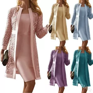 The Middle East Style Women 2pcs Sets Lace Cardigan Mid Long Tank Dress American - Picture 1 of 32