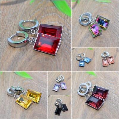 KRISTALL Huggie Hoop Ohrhänger Ohrringe silber EDELSTAHL Glas rechteckig - Bild 1 von 3