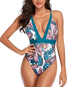 Sporlike Women's One Piece Swimsuit Tummy Control Lace-Up Back V-Neck Small - Picture 1 of 9