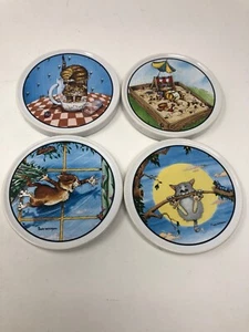 Set of 4 Cat Cartoon Coasters Ceramic Gary Patterson Clay Design Rubber Bottom - Picture 1 of 8