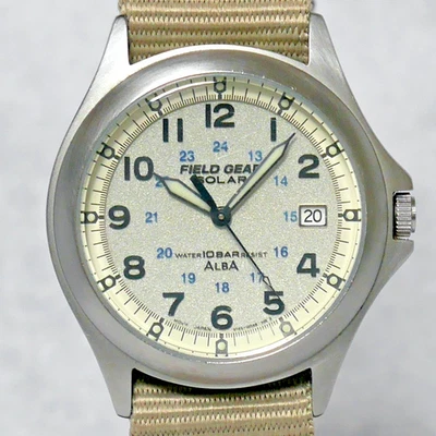 SEIKO ALBA FIELD GEAR Military Watch V145 2006 Khaki Solar Power Luminous Japan - Image 1 of 4