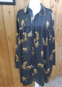 ANNIEWEAR Womans Midi Shirt Dress XL Black Pockets Cheetah Cat Print Oversized - Picture 1 of 15