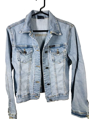Jean Jacket Light Blue Small Angel Distressed Denim Cropped - Image 1 of 4