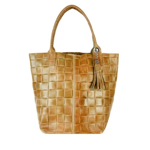 Italian Genuine Leather Hand / Shoulder Shopping Bag,  woven effect - brown - Picture 1 of 6