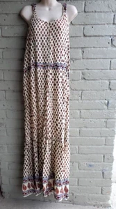 True Destiny Printed Maxi Dress Cream Red Size 2X Ruffle Straps V Line Button - Picture 1 of 6