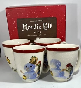 Williams Sonoma Nordic Elf Mugs Gnome Making Snowman Set Of 4 New Open Box - Picture 1 of 12