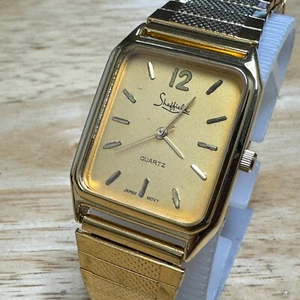 Vintage Sheffield Quartz Watch Men Gold Tone Rectangle Stretch Band New Battery - Picture 1 of 6