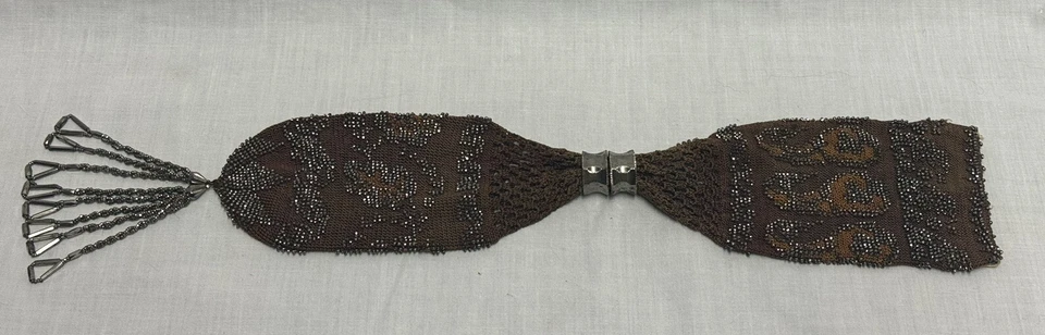 Cartera Miser de Colección Marrón Crochet Tono Plata Acero Micro Cuentas Borla Flecos Años 1900 Foto 1 de 4