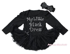 Rhinestone MY LITTLE BLACK DRESS Black Long Sleeve Bodysuit Baby Dress NB-18M - Picture 1 of 1
