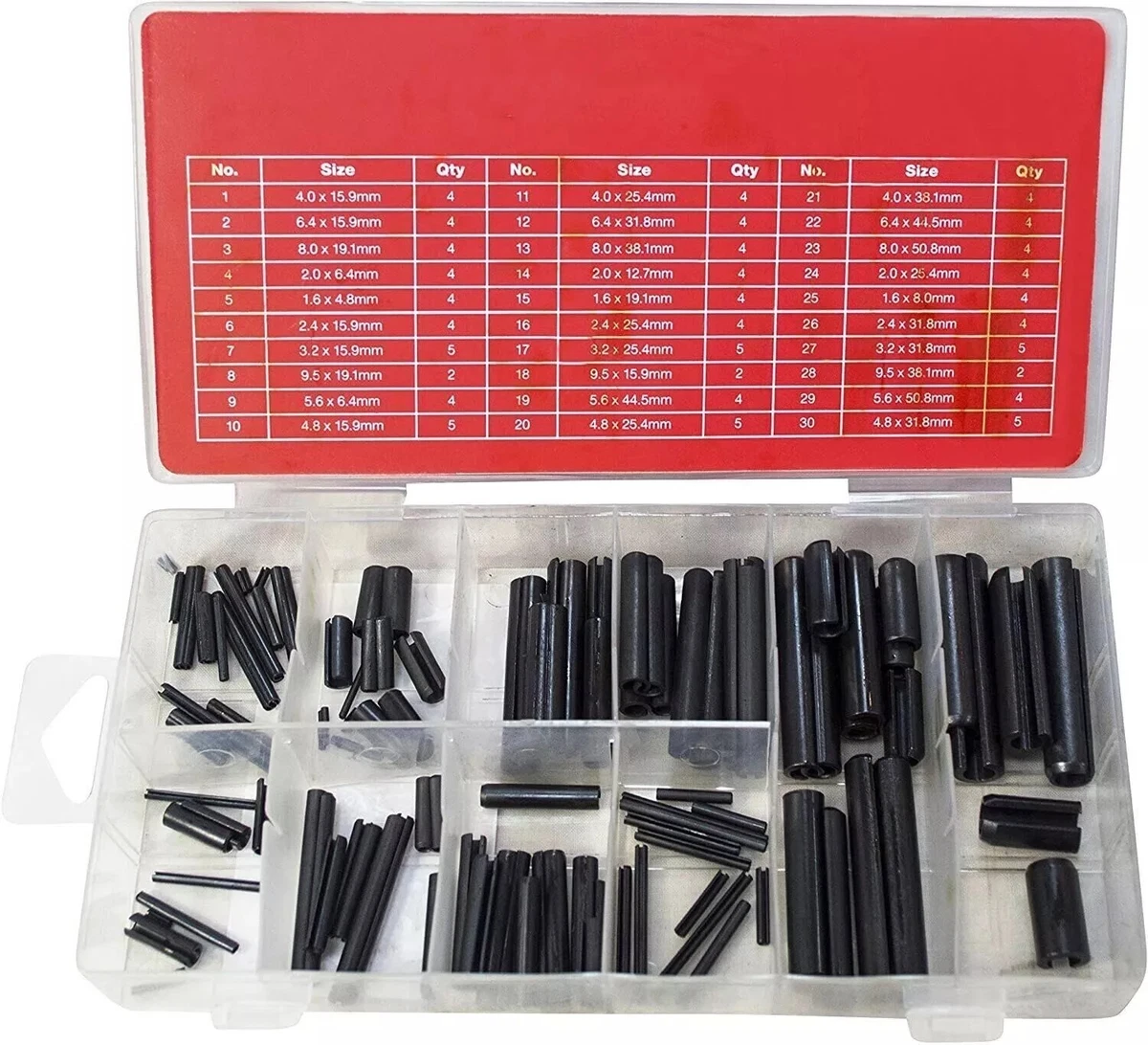 Roll Pin Assortment Set – 120pc, 15 Sizes From 1.6mm To 9.5mm, Spring Tension Pins, CR-V Steel, Black Plated-621181