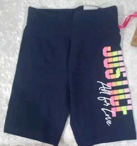Justice Girls Gym Bike Shorts Navy XS (5/6) Rainbow 'All for Love' Elastic Waist - Picture 1 of 4