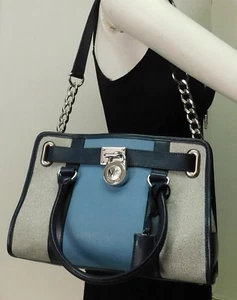 Michael Kors Hamilton East West Blue Leather Satchel Shoulder Bag Handbag Purse - Picture 1 of 12