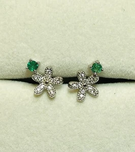 925 Sterling Silver Natural Green Emerald Flower Stud Earrings - Picture 1 of 10