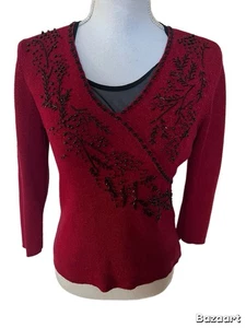 Dressbarn Women’s Sweater Size Small Red Shimmer W/black Beading 3/4 Sleeve - Picture 1 of 7