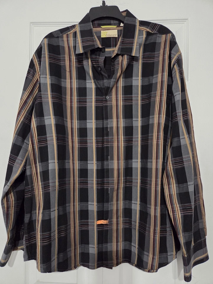 Camisa social Cubavera listrada estampa preta dourada marrom manga longa algodão XXL EC - Imagem 1 de 4