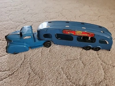 Vintage 1950 Marx Azul Brinquedo de Aço Prensado Deluxe Transporte Automático Caminhão Transportador de Carro - Imagem 1 de 4
