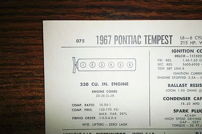 1967 Pontiac Tempest Series 230 CI L6 4BBL SUN Tune Up Chart Great Condition! - Image 1 of 4