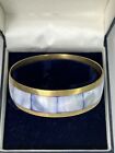 Gold Tone Wide Blue / Purple Mother Or Pearl Shell Inlaid Bangle Bracelet