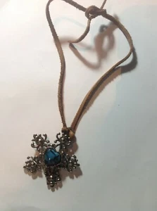 White Metal Charm with Blue Stone, Leather Necklace - Picture 1 of 3
