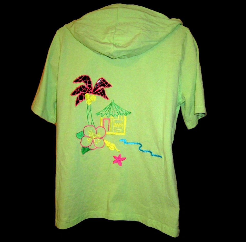 Sudadera con Capucha Recortada Escena de Playa Talla L Verde Lima Quacker Factory Chaqueta Palm Hut SS Foto 1 de 4