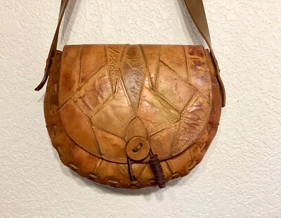 1970’s Handcrafted Dyed Leather Patchwork Crossbody Bag, Western Style Saddlebag - Image 1 of 4