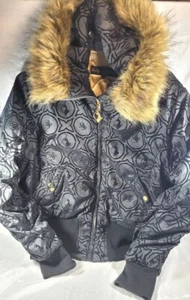 Baby Phat Women's Fur Hood Velvet Logo Print Bomber Jacket - Black - 2XL - Picture 1 of 11