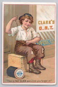 Victorian Boy Mending Sewing Clarks O.N.T. Spool Cotton Victorian Trade Card - Picture 1 of 2