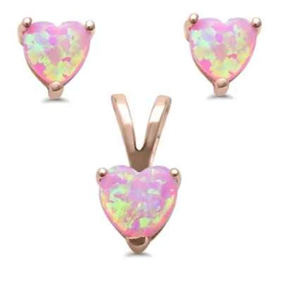 Rose Gold Plated Pink Opal Heart .925 Sterling Silver Pendant & Earring Set - Image 1 of 2
