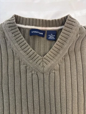 Structure V Neck Ribbed Sweater Mens XL Long Sleeve Cotton Knit Pullover Green - Image 1 of 4