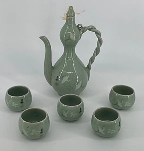 Juego para servir café coreano Celadon 7 piezas verde bellamente enloquecido vintage - Imagen 1 de 14