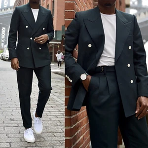 Business Mens Suits Double Breasted Slim Fit Tuxedos Formal Prom Peak Lapel - Picture 1 of 13