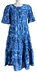 NEW CHICO'S SZ 00 BLUE MULTI TIER SILK BLEND HALF MOON GEO MIDI DRESS SIZE US 2 - Picture 1 of 11