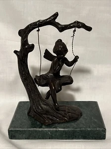 Bronze Fairy on Swing Auguste Moreau Signed Green Marble Base - Picture 1 of 15