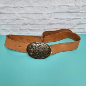 Vintage Vertigo Leather Belt Antique Brass Buckle Western Boho Tan Size 30 inch - Bild 1 von 13