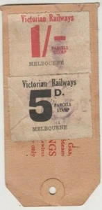 Railway parcel stamps 5d & 1/- Melbourne Victoria William Adams & Co bag tag - Picture 1 of 2