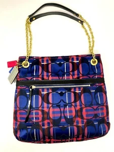 Coach Handtasche Poppy Tartan C Signature marineblau/pink kariert: Beuteltasche mit Druckknopfkette #21136 - Bild 1 von 12