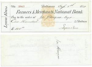 1870 Farmers & Merchants National Bank Check Lyon Brothers Baltimore Maryland - Picture 1 of 6