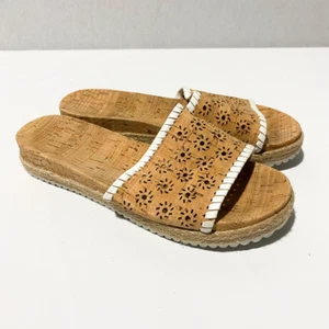 Jack Rogers Womens Espadrille Slide Sandal White Cork Laser Cut Whipstitch 6.5M - Picture 1 of 4