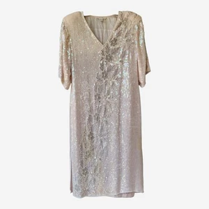Abito da cocktail vintage Carolyne Barton rosa pallido seta ricamo floreale paillettes S - Foto 1 di 23