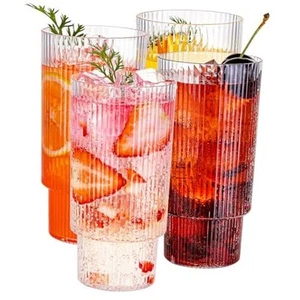 Hioasis 4PCS Clear Plastic Cups - 14OZ Plastic Ribbed Drinking Glasses, - Picture 1 of 7