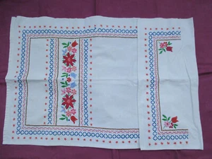 Cache-torchon brodé main ancien 1940 coton blanc et couleurs - Photo 1/2