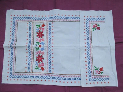 Cache-torchon brodé main ancien 1940 coton blanc et couleurs - Photo 1/2