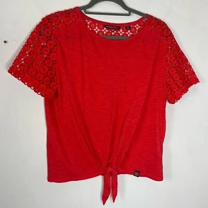 SuperDry Women's Medium Tie Front Lace Shoulder Blouse Top Cotton Modal Red - Picture 1 of 6