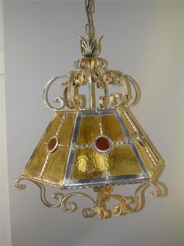 ANTIQUE ORNATE IRON STAINED SLAG GLASS AMBER RED SHADE CHANDELIER LIGHT FIXTURE Cover