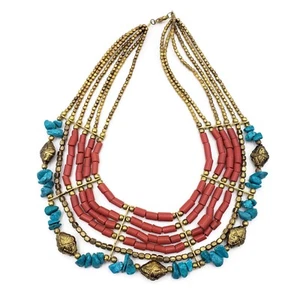 Collana bigiotteria moda tribale filo multicolore perline metallo oro osso etnico - Foto 1 di 5