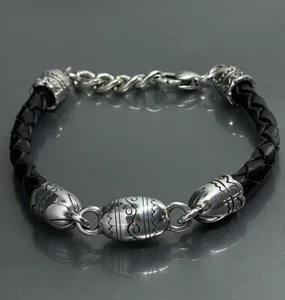 Brighton Bracelet Silver Plated Etched Black Braided Leather Rope 7.5-8.5” - Picture 1 of 5
